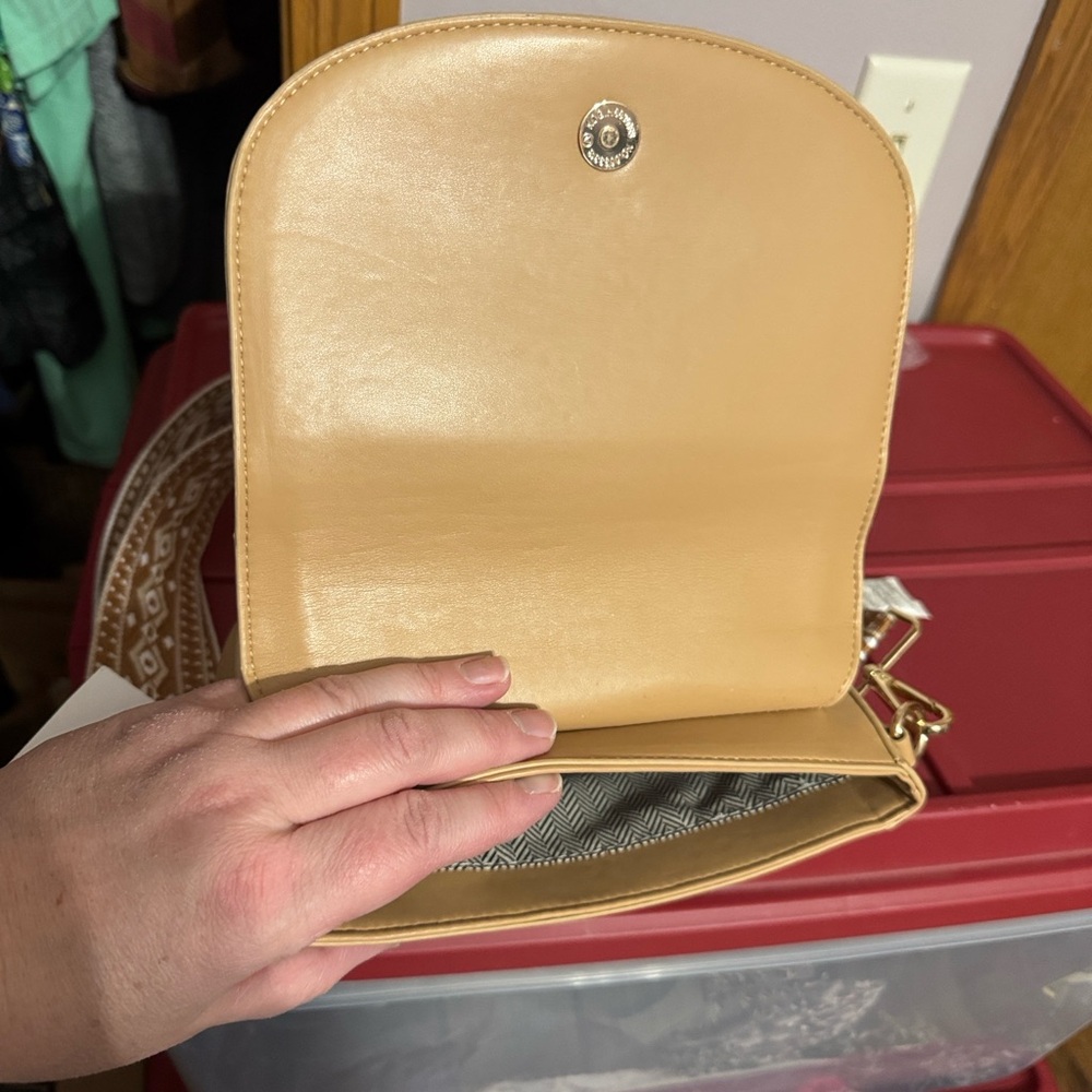 Tan Crossbody Bag with Patterned Strap - Picture 4 of 10